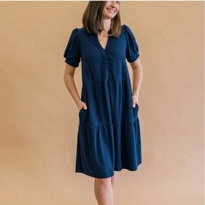 Merrick White Sz L 10/12 MW Anywhere Ribbed Tiered Dress in Navy
